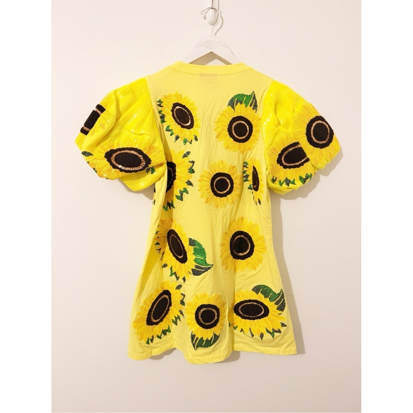 NEW Queen of Sparkles Sunflower Sequin Dress Puff Sleeve Yellow XS *