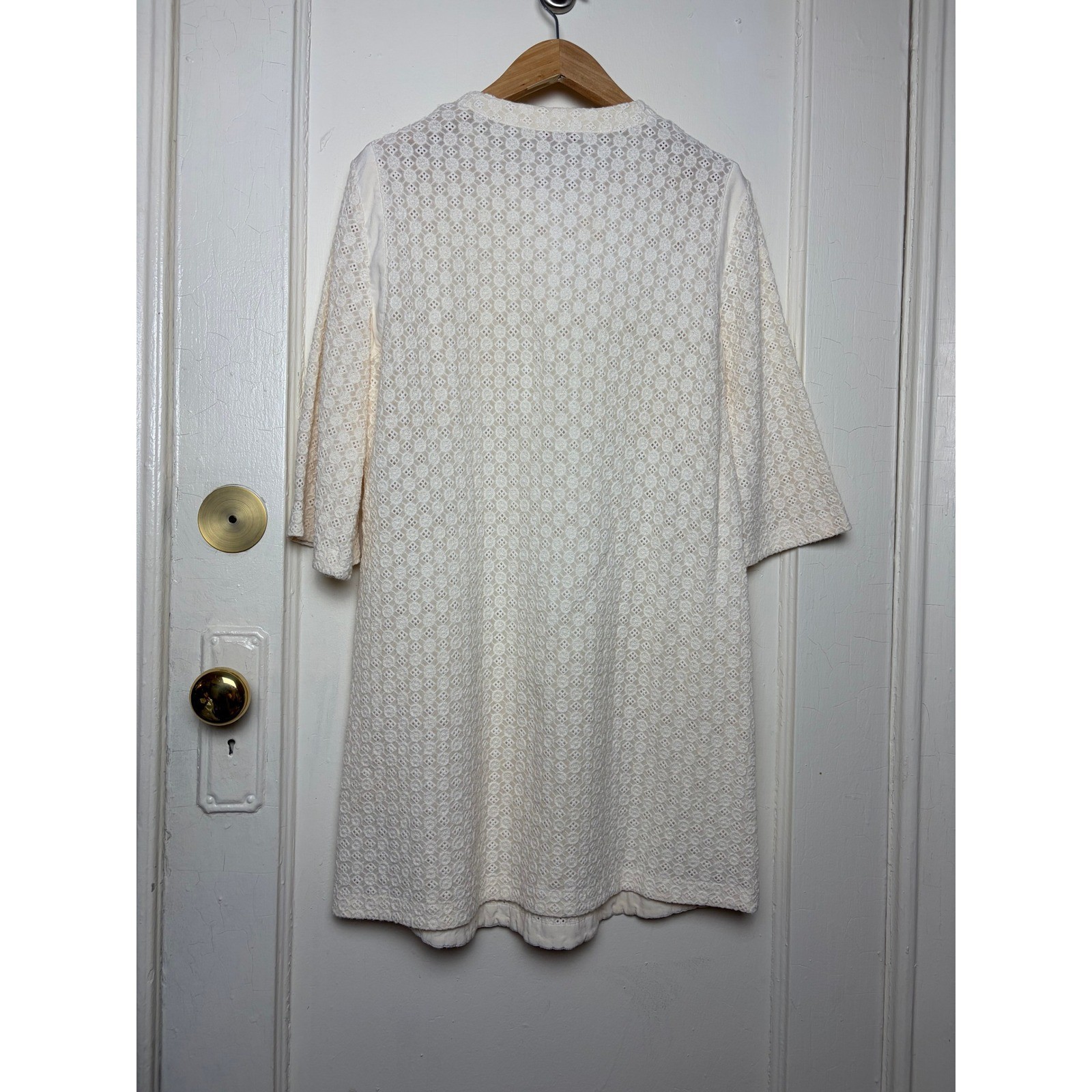Eres Cream Eyelet Lace Button Front Shift Dress 3/4 Sleeve Size M/L