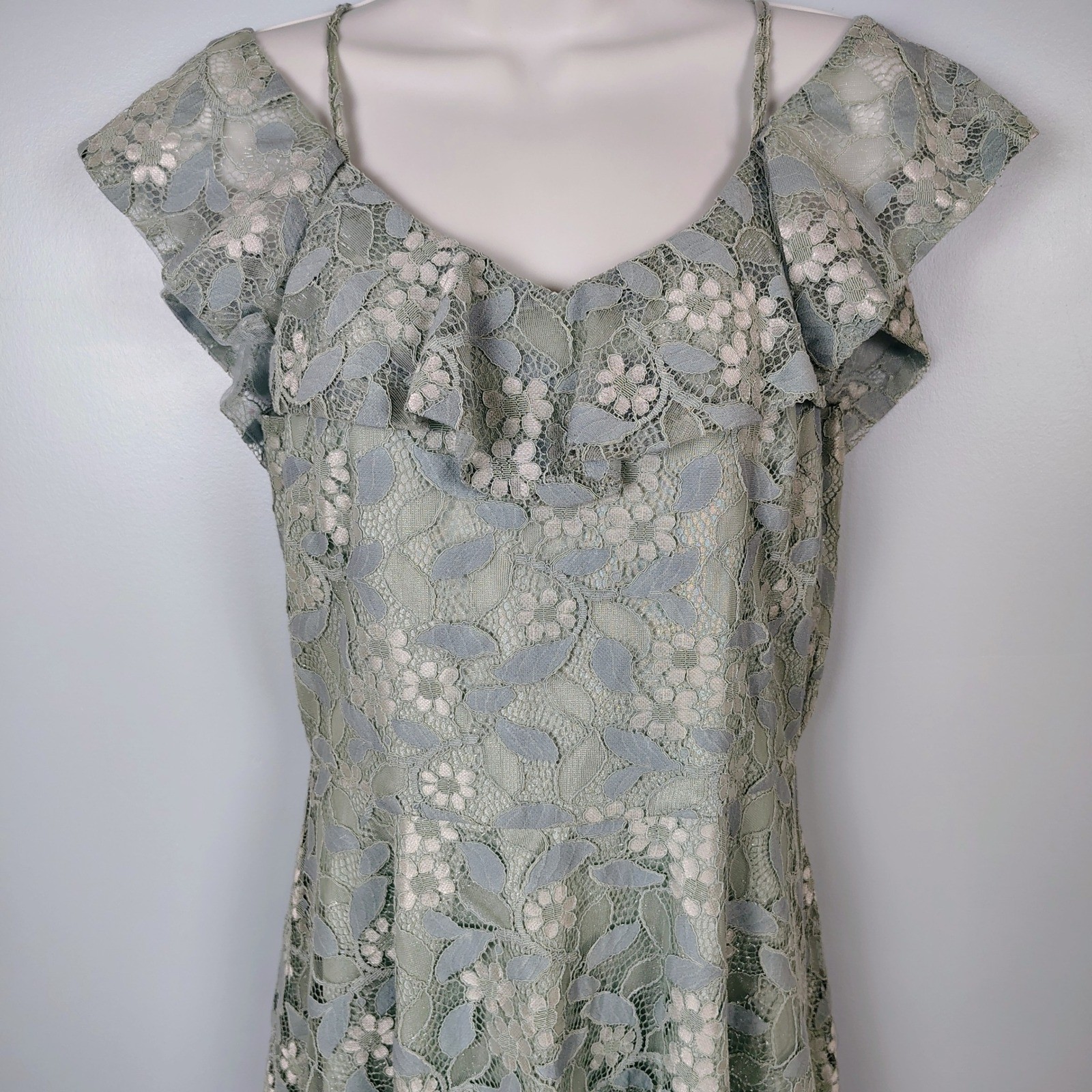 Sage Green Floral Lace Ruffle Cold Shoulder Fit and Flare Dress Med peasent
