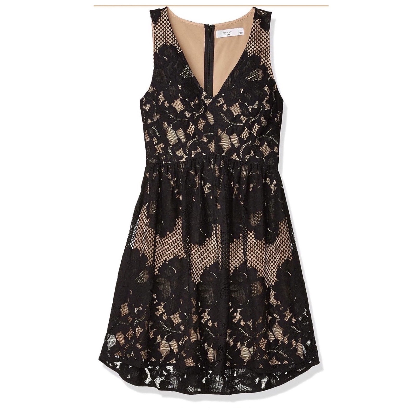 Ali & Jay Black Floral Lace Mesh V-Neck Fit & Flare Mini Dress Nude Lining M