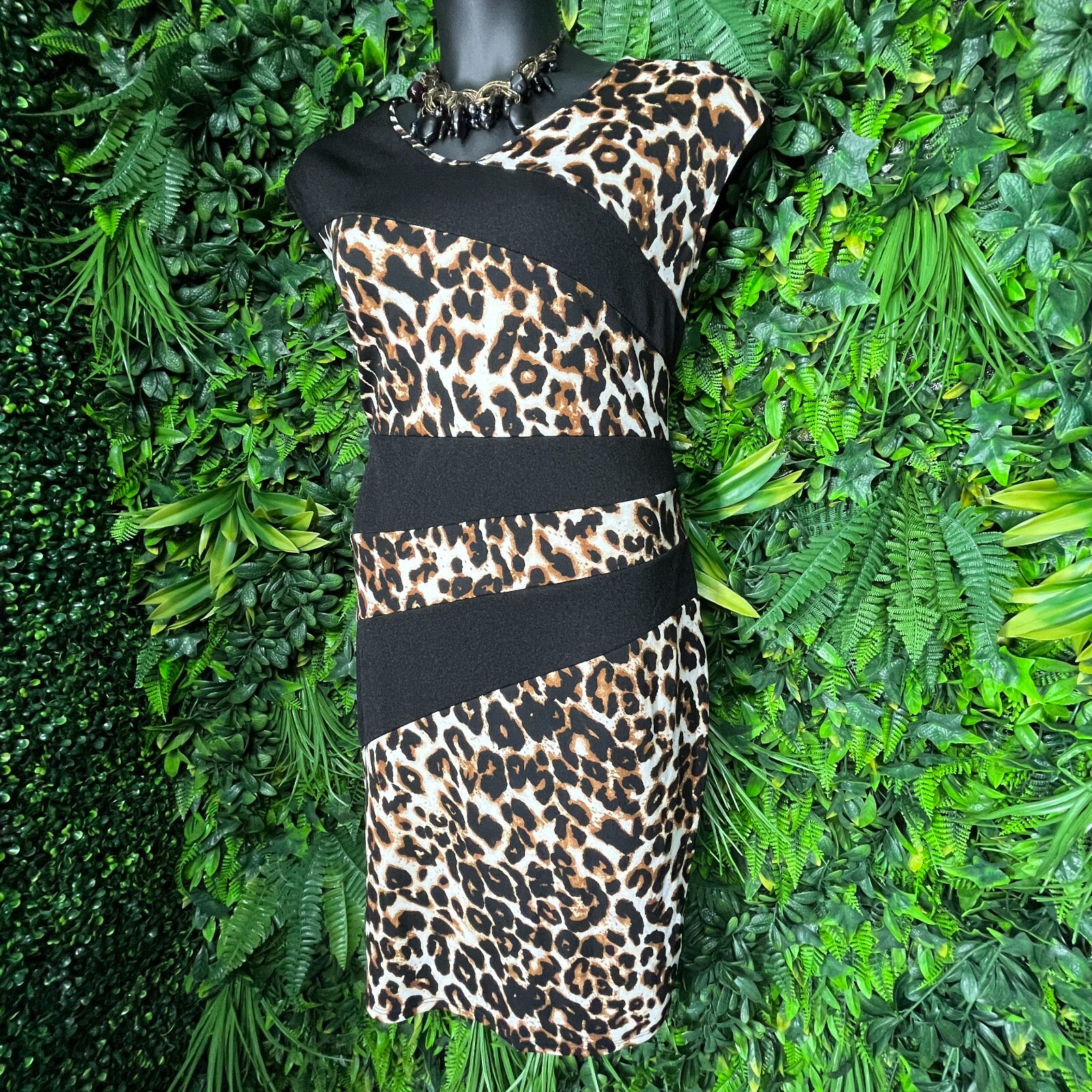 Spin Dress Women 3XL Black Leopard Round Neck Sheath Stretch Fitted 0976