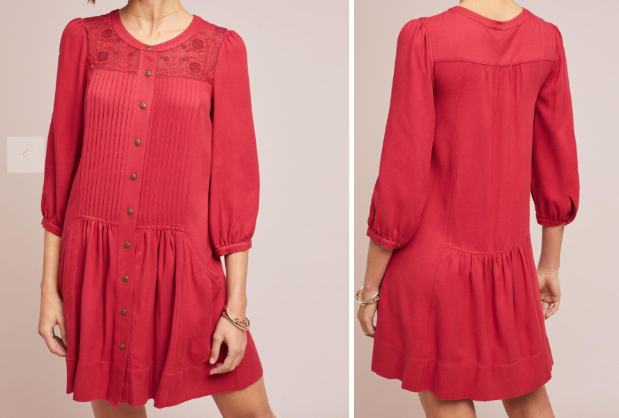 Anthropologie Red Boho Peasant Dress Embroidered Button Front Pockets US 8 EU 40
