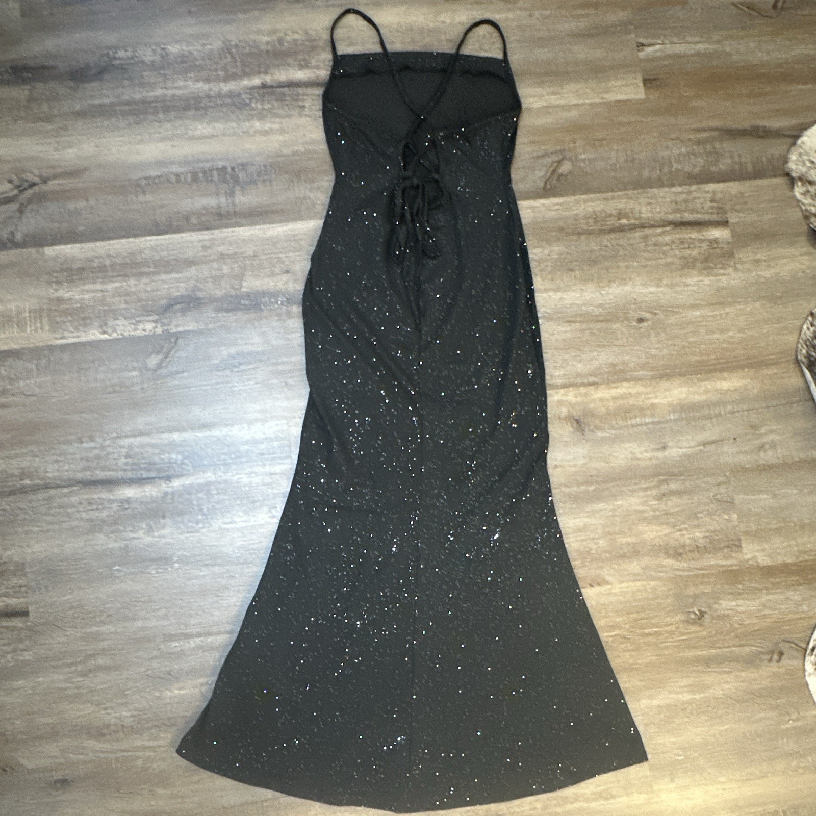 HIMLAND Womens Black Glitter Spaghetti Strap Lace-Up Back Maxi Dress Sz M