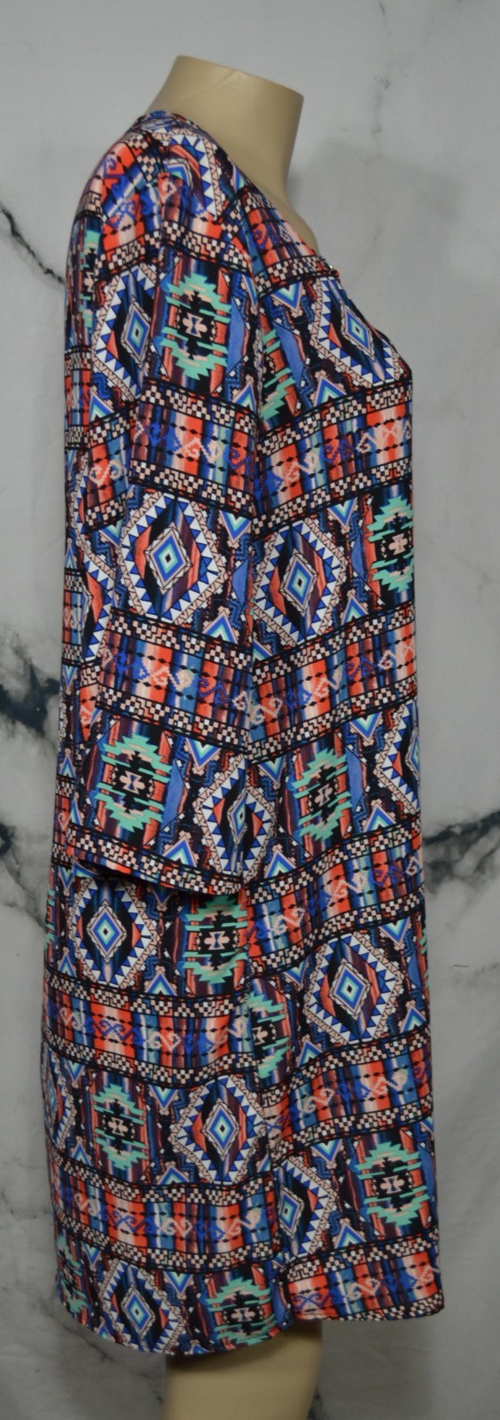 ESPRESSO Black Multicolor Patterned Dress Medium 3/4 Flared Sleeve Metal Accent
