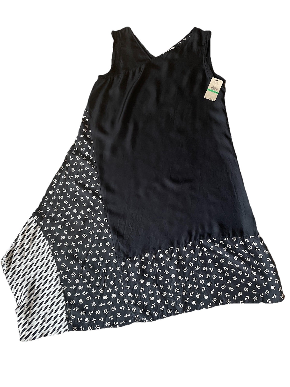 Pure DKNY Asymmetrical Silk Dress Size L Black Sleeveless Mixed Beige Print New