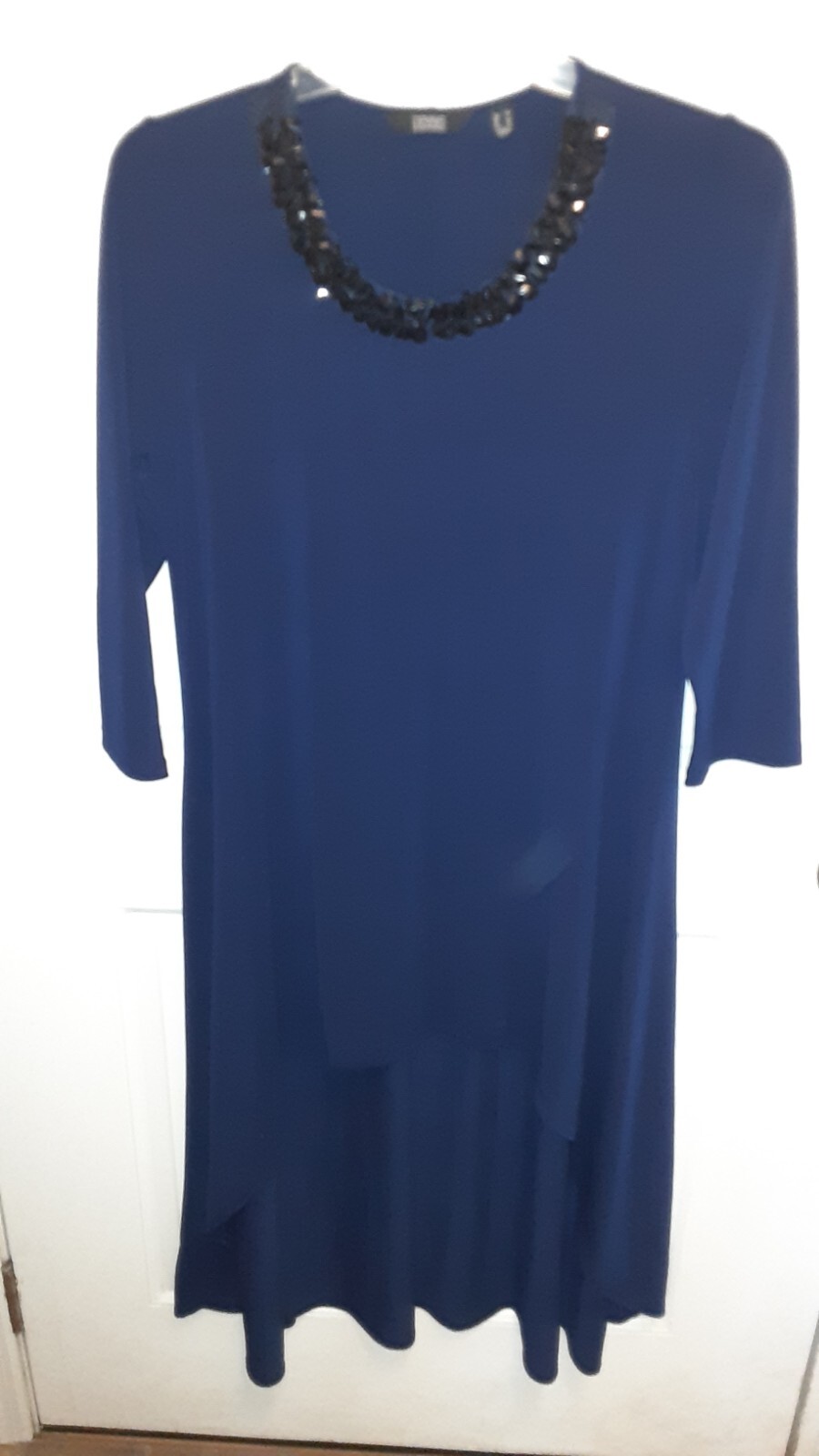 Dennis By Dennis Basso Navy Embellished Hi-low Long Sleeve Dress Size Large