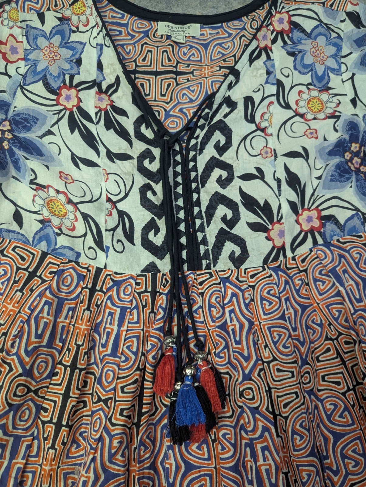 Orientique Naturally Australian Dress Sz Small Geometric Pattern Tassel Mini