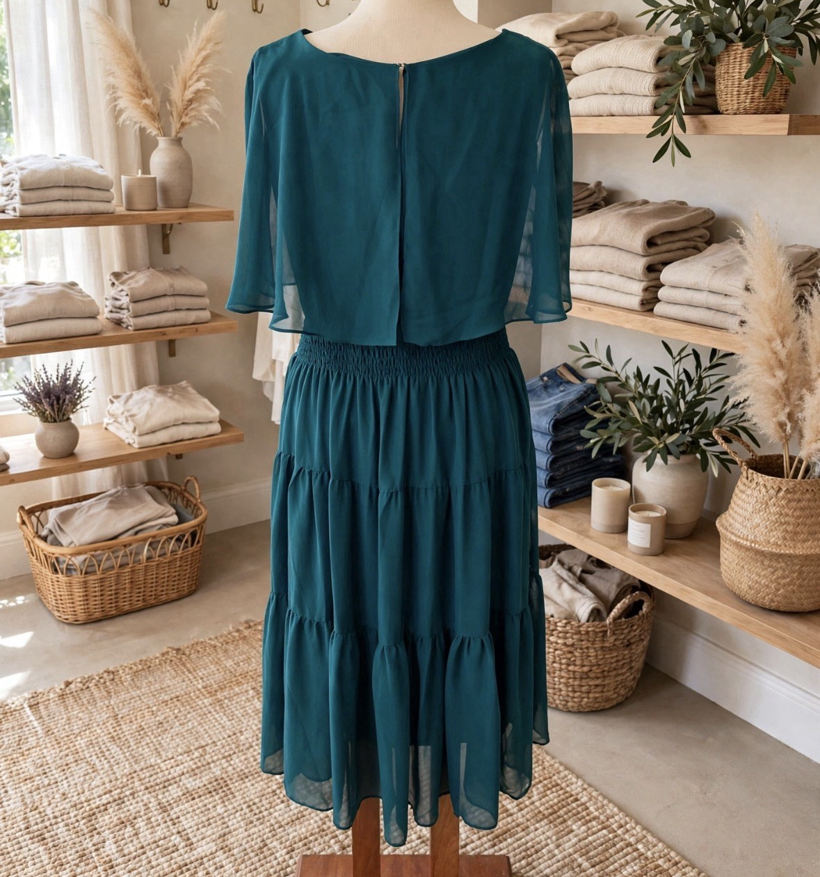Women’s Teal Solid Crew Neck Short Sleeve Smocked Waist Fit & Flare Midi