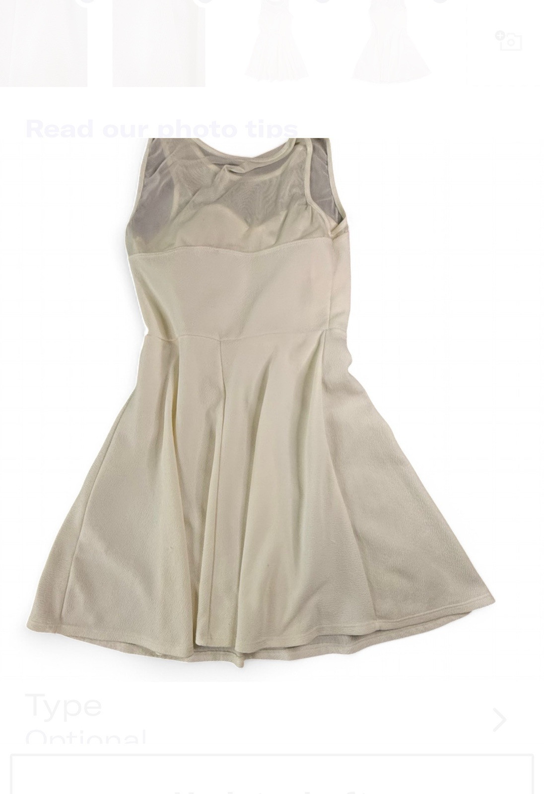 IVORY DRESS, JUNIOR SIZE L, CHEST 30 IN, LENGTH 34 IN * See photos for flaws *
