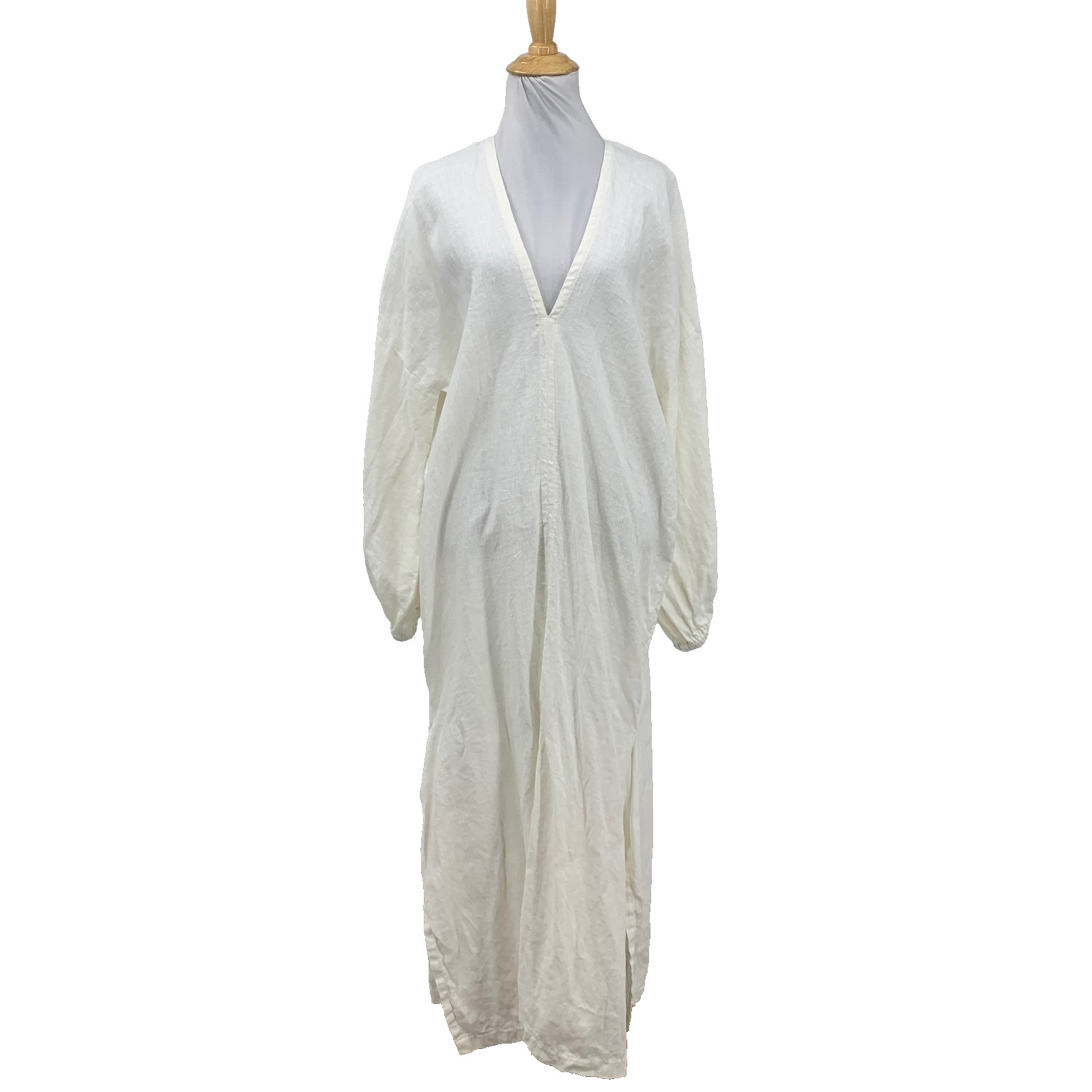 Mamene Dress Womens 2 White Linen V Neck Elastic Cuff Double Slit Lightweight