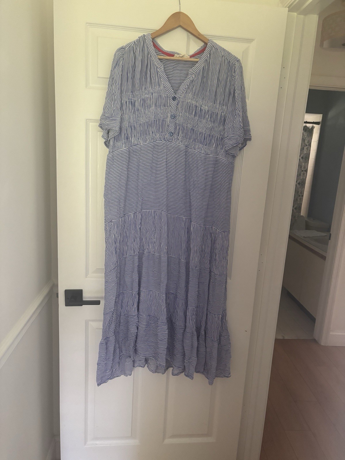 CACTUS + PEARL Blue White Striped Cotton Maxi Dress XXL Smocked Tiered V-Neck