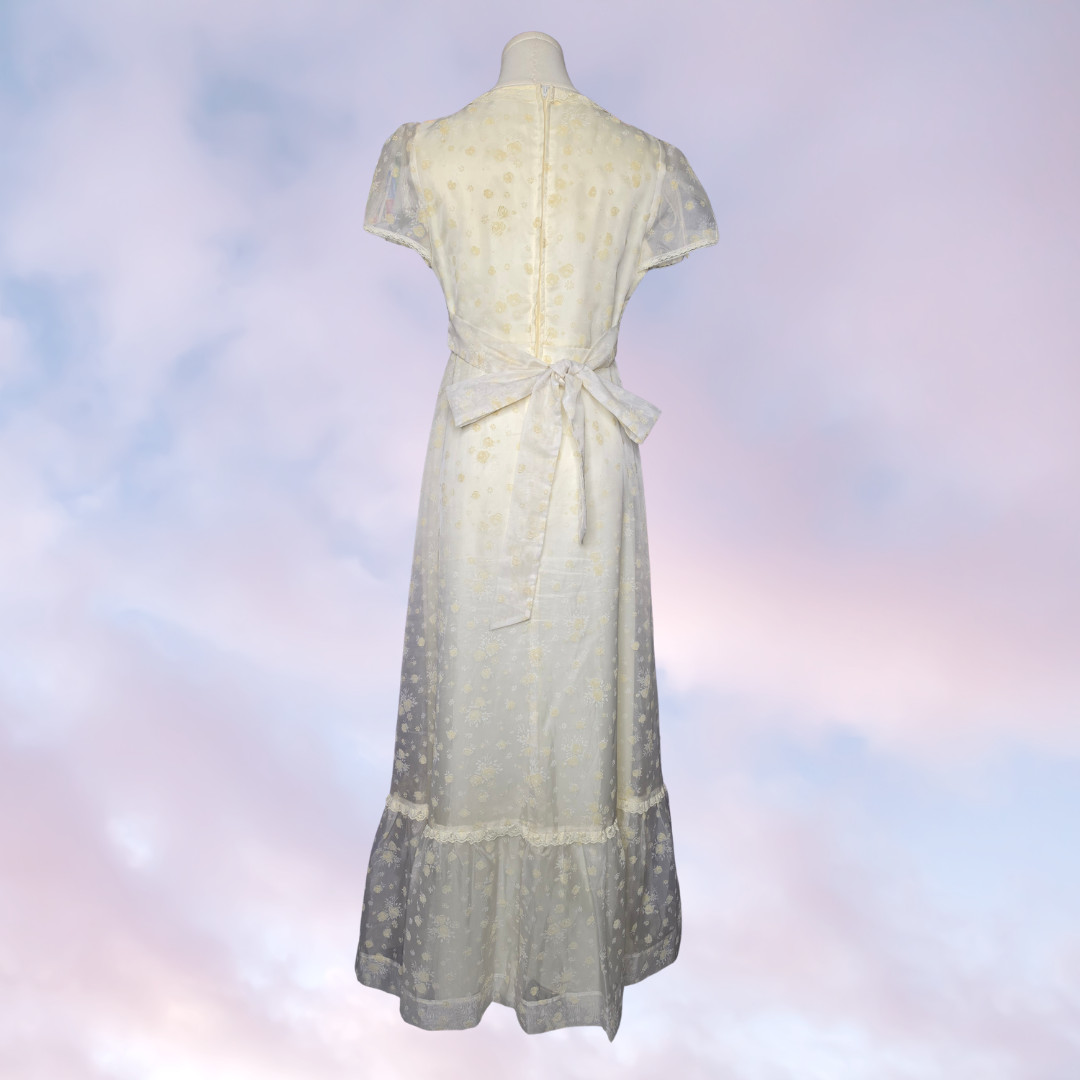 60s 70s Vtg Long Maxi Prairie Cottage Cream Floral Ruching Frill Dress Sz 9 / 10
