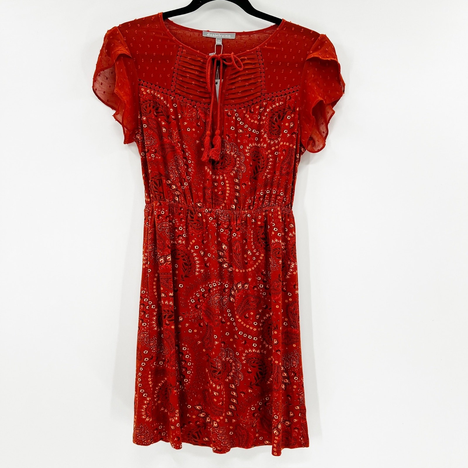 NWT Danielrainn Women’s Red Paisley Floral Tassel Mini A Line Dress PXS
