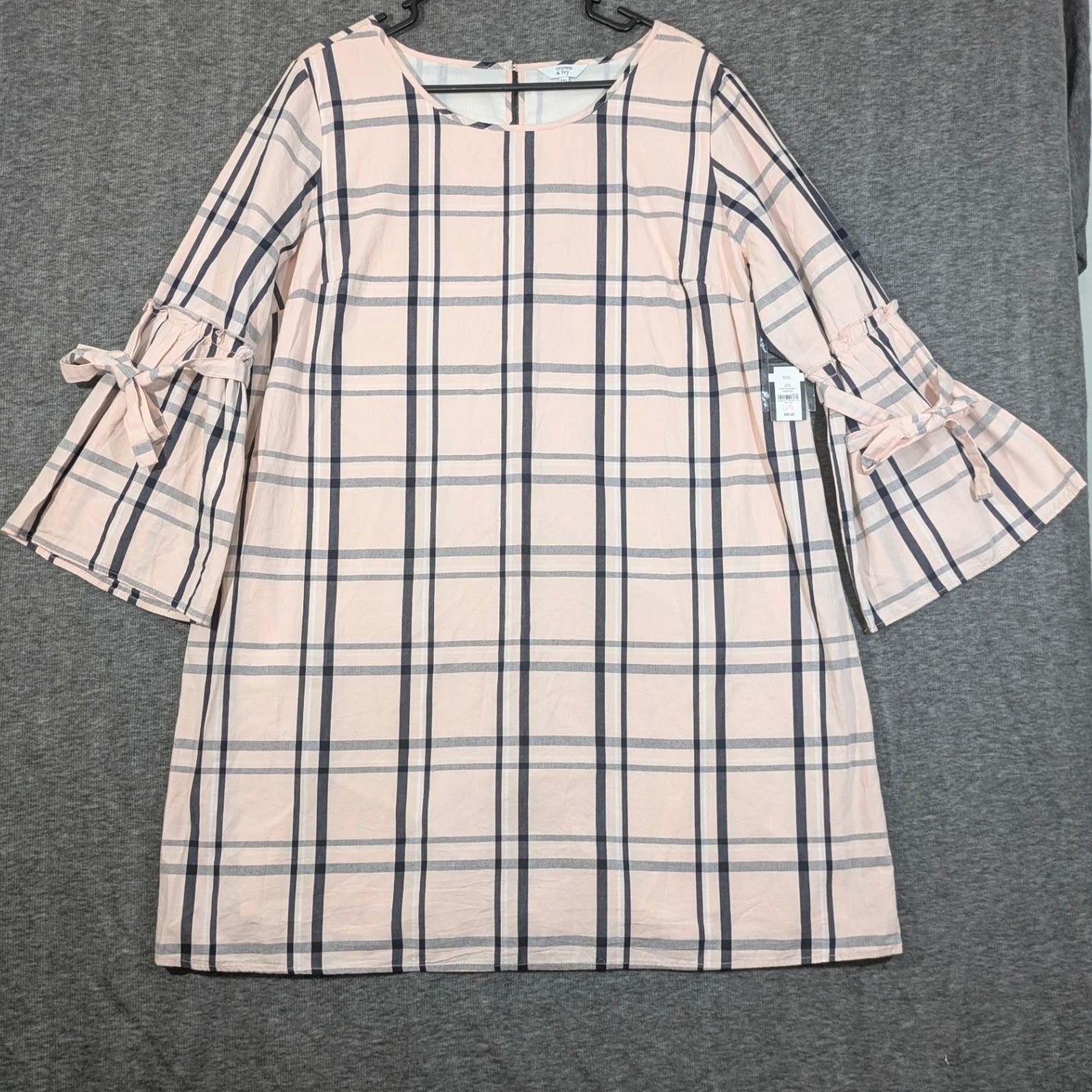 Crown & Ivy Shift Dress Pink Black Plaid 100% Cotton 3/4 Bell Sleeve Sz XXL NWT