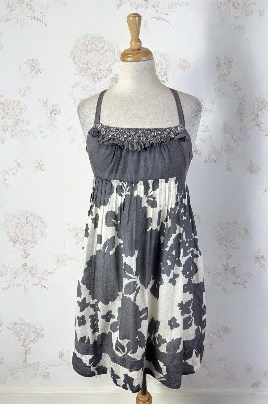 Gray White Sequin Beaded Ruffle Mini Dress Fairy Boho Hippie Y2K Formal Romantic