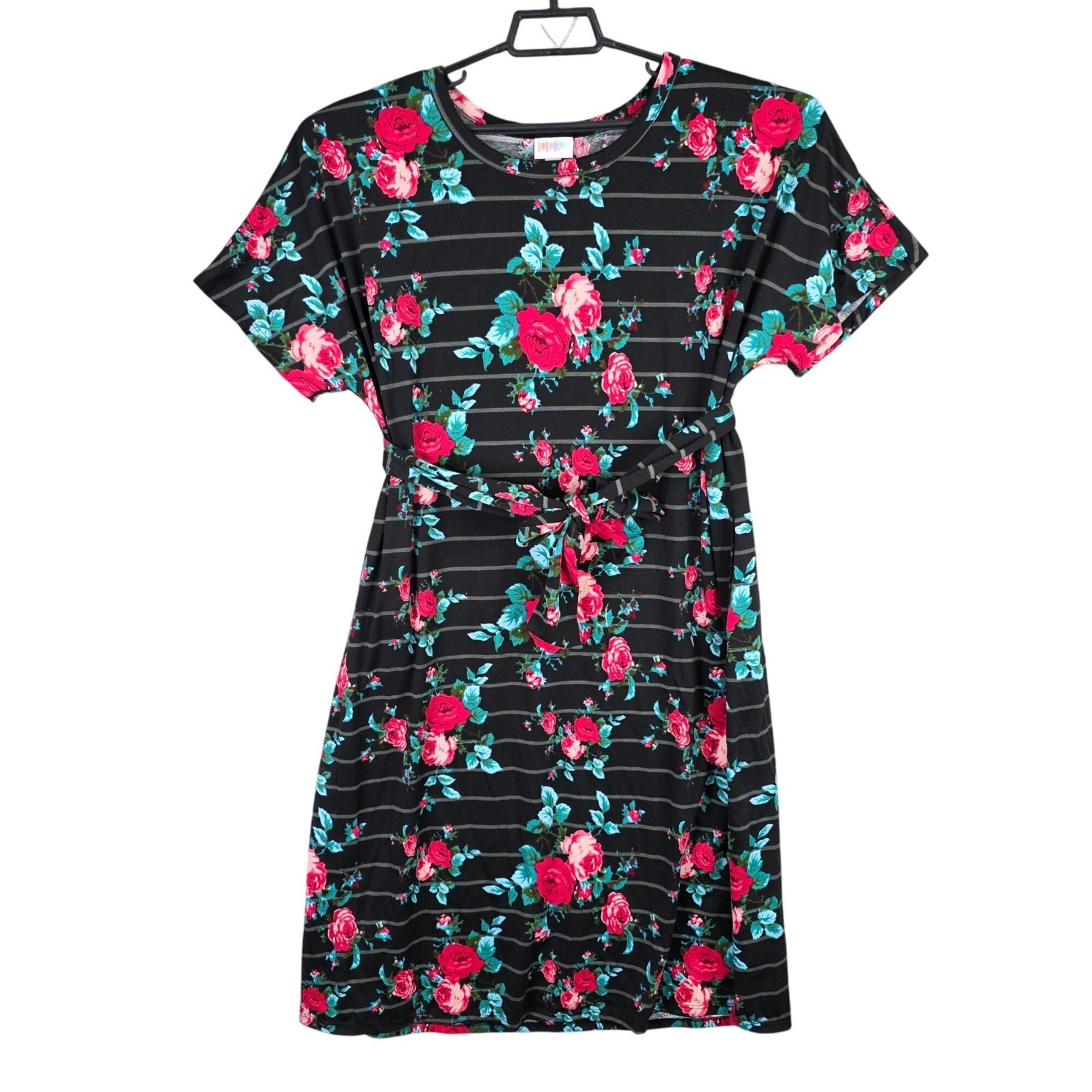 Womens LuLaRoe Black Red Green Floral Striped Dress Short Sleeve Belted Size 2XL