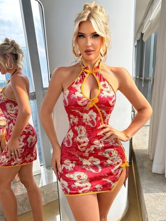 Red Dragon-Print Halter Mini Dress with Yellow Trim Medium