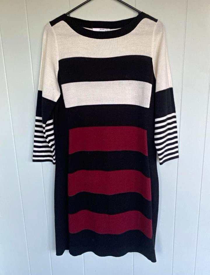 Studio One New York XL Knit Striped Sweater Dress Boat Neck 3/4 Sleeve Knee