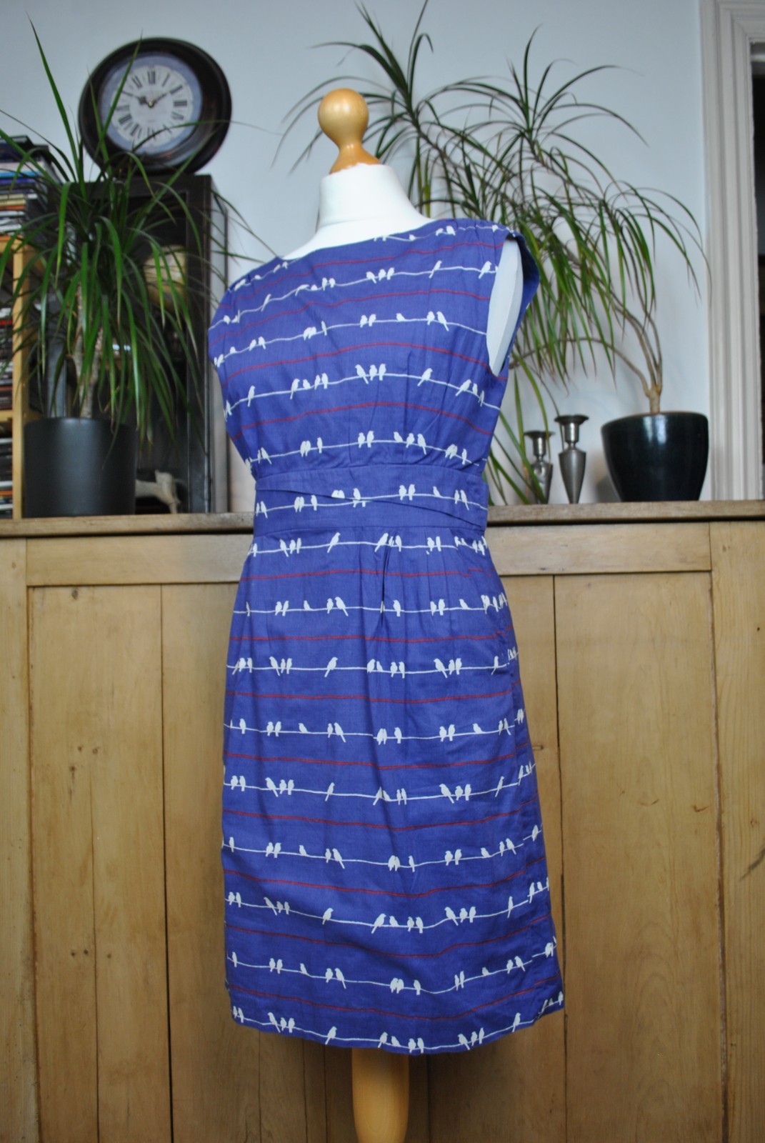 Poem by Oliver Bonas Blue Bird Print Cotton Sleeveless Fit & Flare Dress Size 12