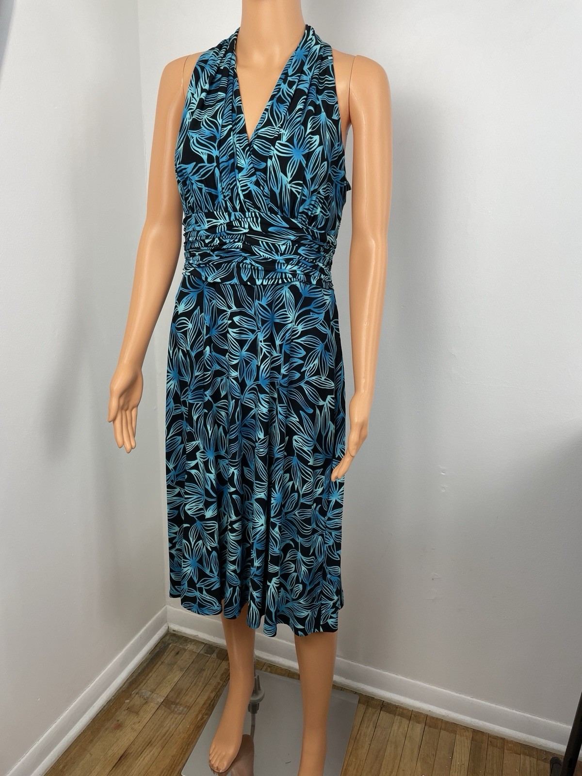 Vtg Evan-Picone Sleeveless Dress Sz 12 Petite Knee-Length Black Blue Floral