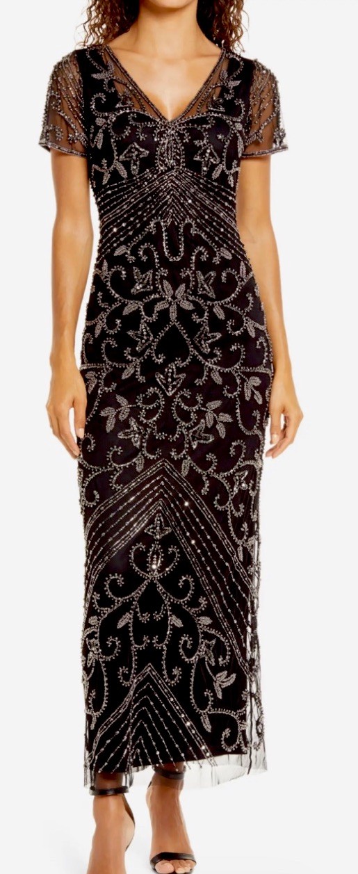 Pisarro Knights Beaded Mesh Column Gown New Size 8 Black / Merc