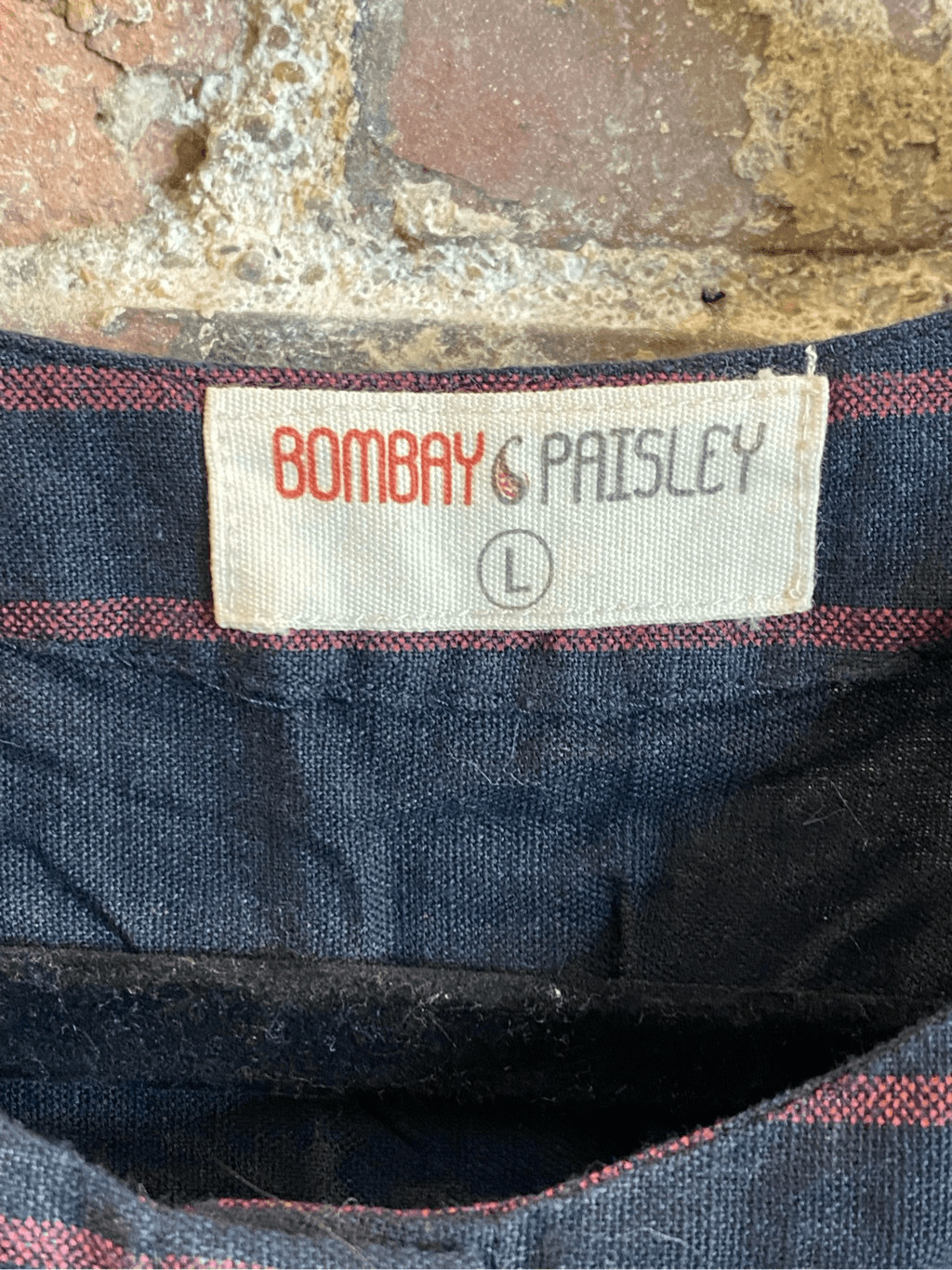 Bombay Paisley Dark Blue Red Stripe Floral Embroidered Button Down 3/4 Sleeve Mi