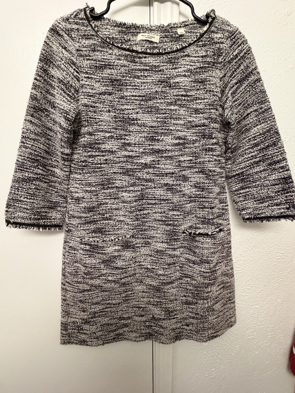 Max Studio London Black/White Tweed Fringe 3/4 Sleeve Round Neck Top M