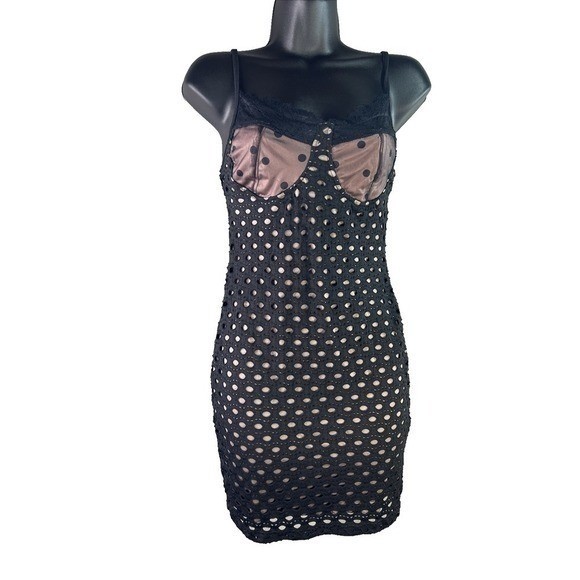 Dazy Med Black Eyelet Lace Bustier Mini Dress Polka Dot Trim Night Out Bodycon