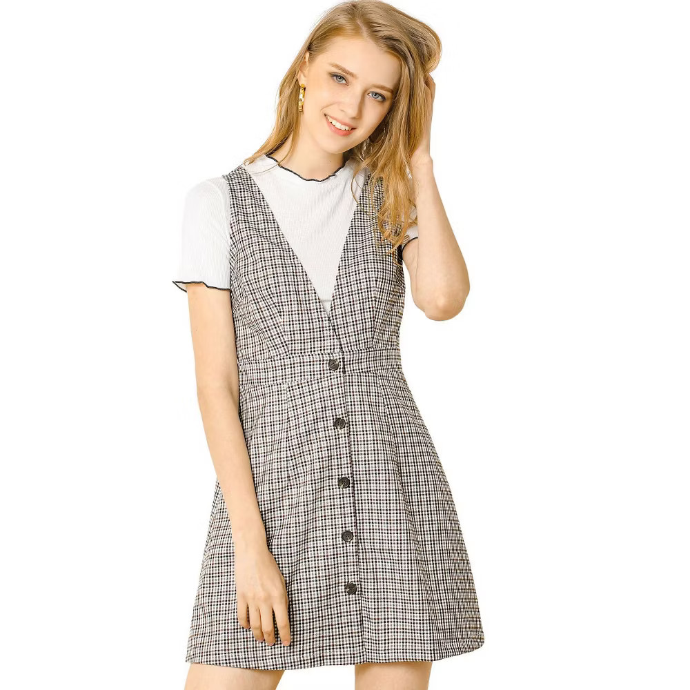 Allegra K Women V Neck Gingham Check Pinafore Suspenders Plaid Print Dress
