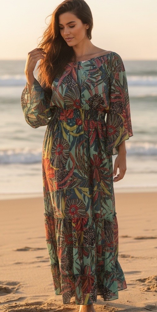 Anthropologie Boemo Women’s Maxi Dress Tiered, Floral, Green, Large Boho L