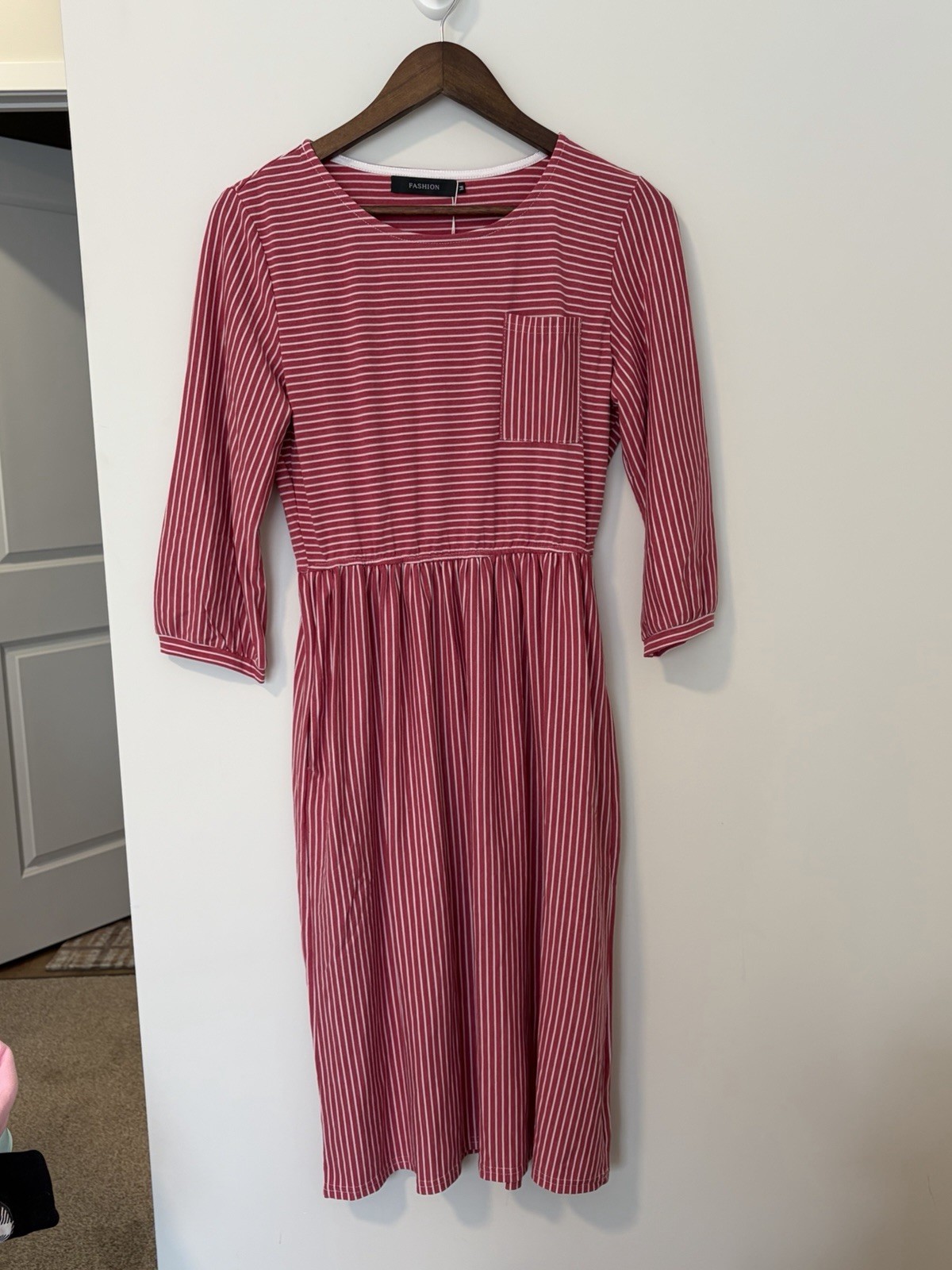 MEROKEETY Red/White Striped Knit Fit & Flare Midi Dress Pocket Stretch M