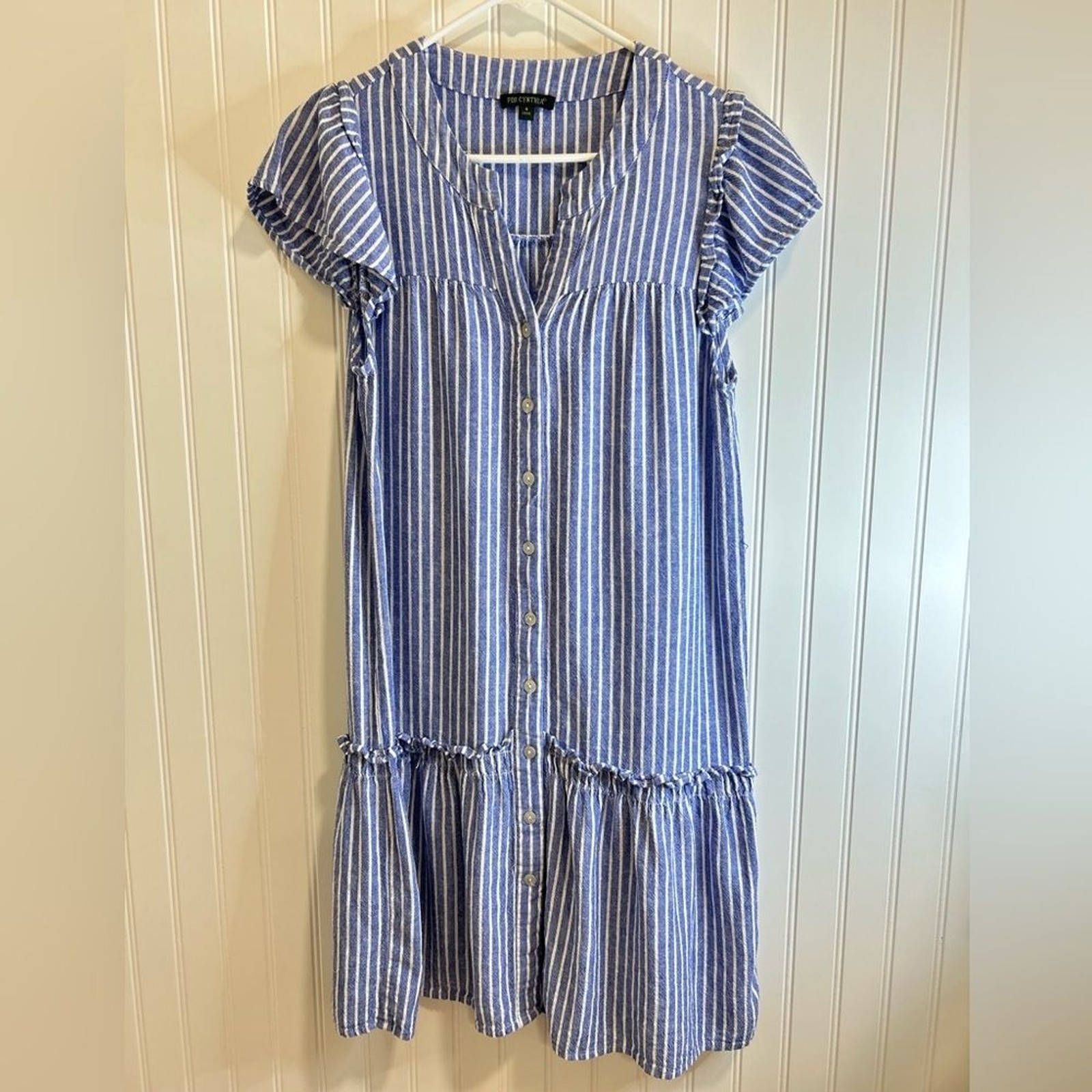 For Cynthia Striped Blue Midi Dress size S.55% LINEN 45% VISCOSE