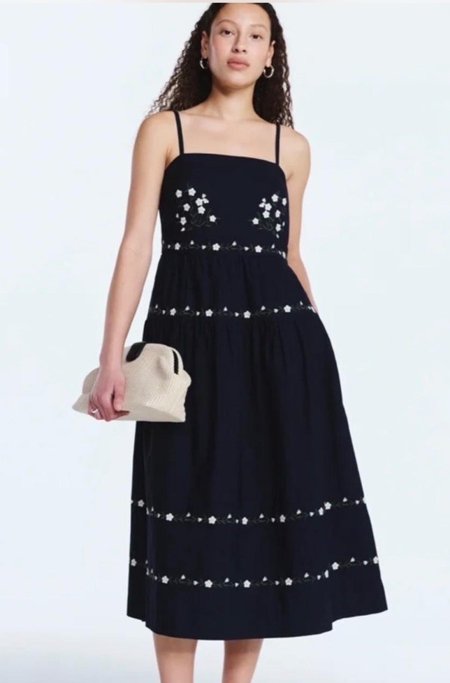 Free Assembly Black Floral Embroidered Smocked Maxi Dress Spaghetti Strap S
