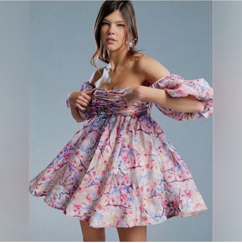 Bardot Kali Tuck Pastel Floral Off-Shoulder Puff Sleeve Dress XS Boho Coquette
