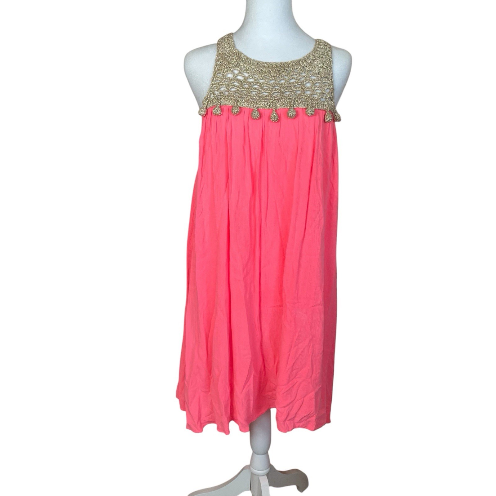 Lilly Pulitzer Neon Coral Pink Sun Ray Babydoll Dress Gold Crochet Party Small