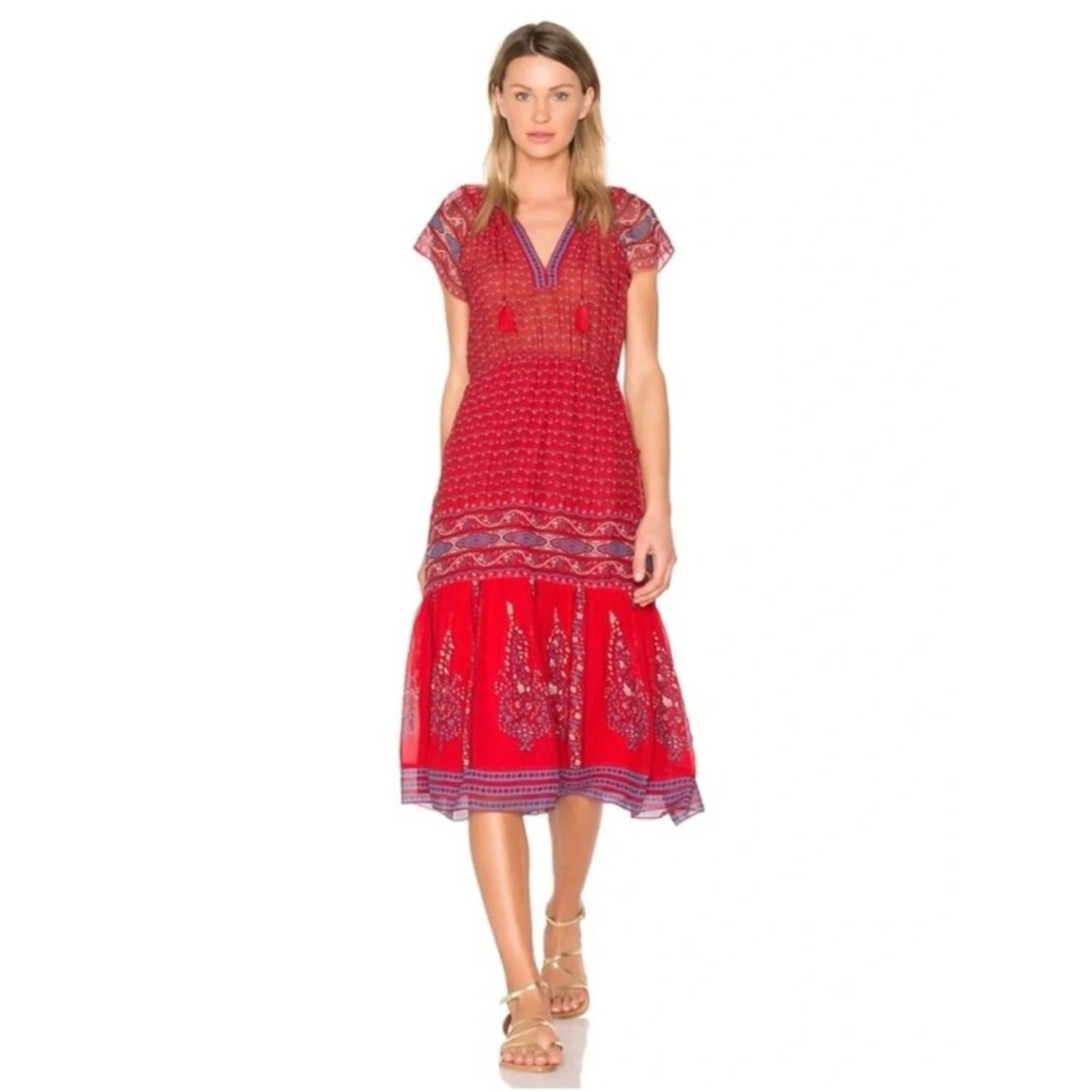 Ulla Johnson Neela Tassel Scarlet Red Silk Georgette Midi Dress 10