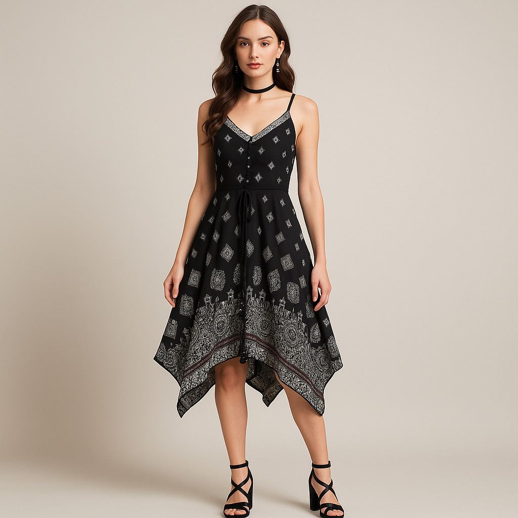 Maurices Dress Women XS Black Fairy Bandana Handkerchief Asymmetric Smocked Midi