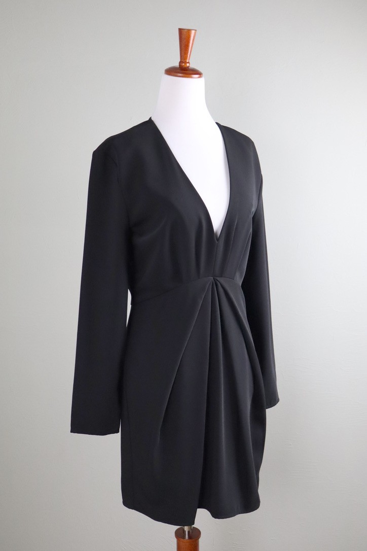 THE KOOPLES NWT $355 Solid Black Glam Pleated Deep V-Neck Mini Dress Size 2
