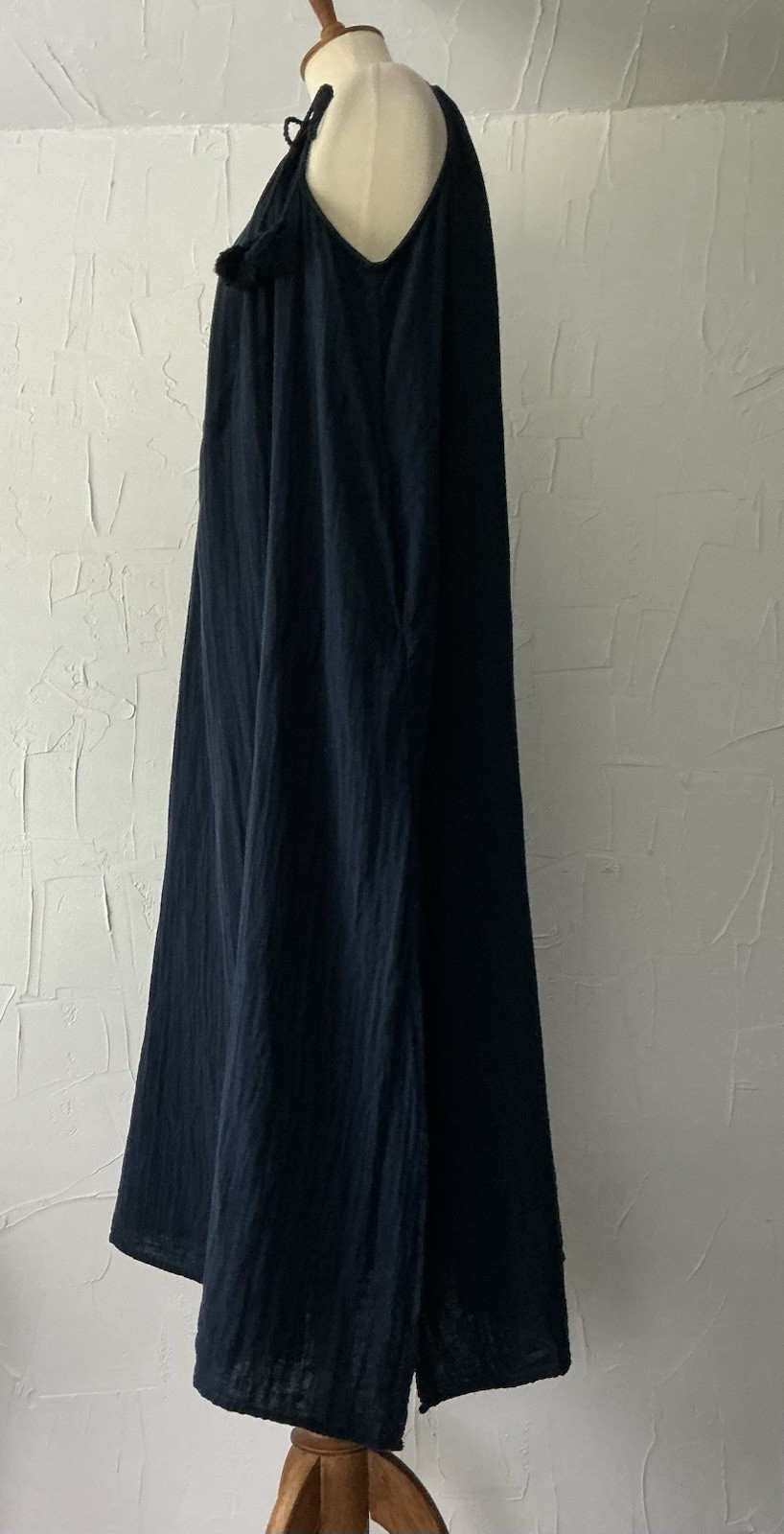 Time & Tru Sun/Tent Dress Maxi Drawstring Slit Cotton Tassels M(8-10) Navy Blue