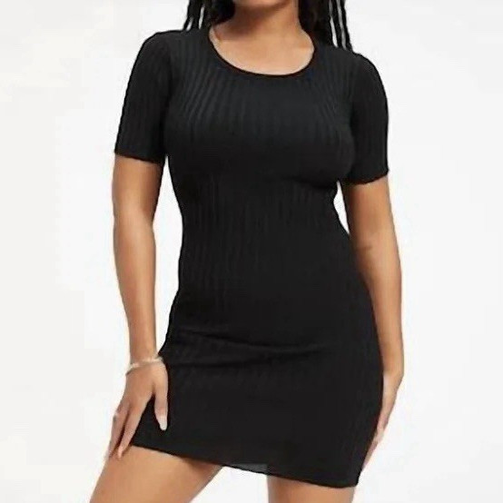 Good American Black Ribbed Knit Bodycon Mini Dress Open Back Short Sleeve | 1/2