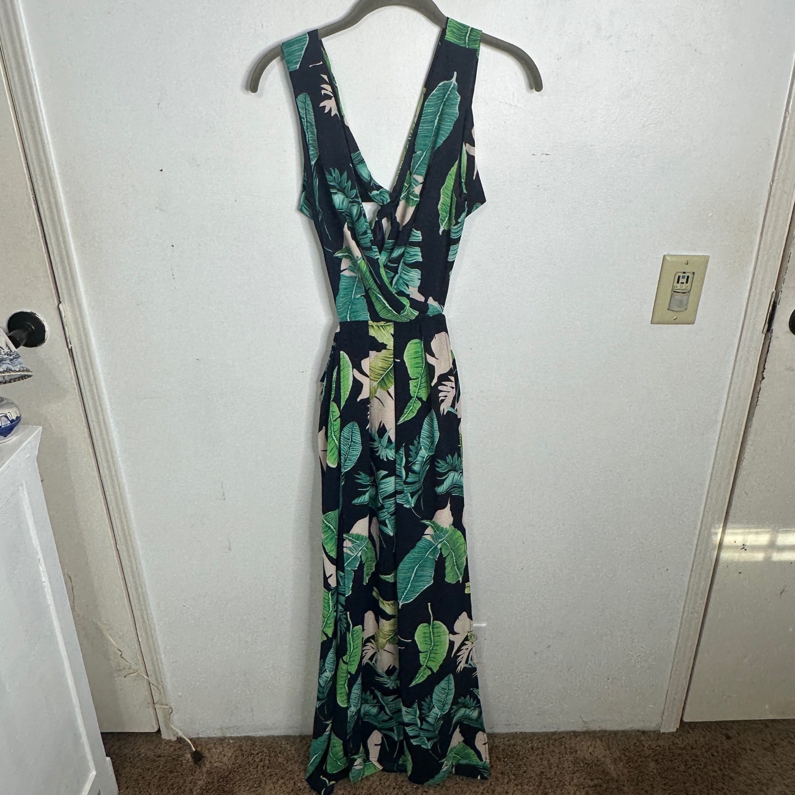 Tropical Leaf Print Tie Back Maxi Dress Navy Green Medium Vacation Travel