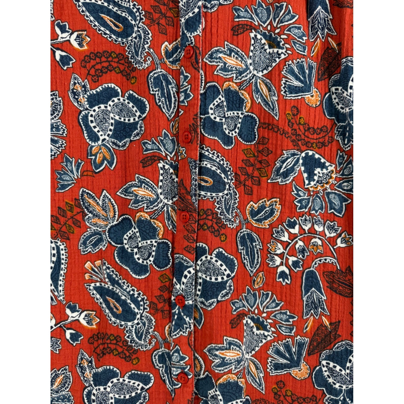 Wonderly Womens Rust Floral Paisley Gauze Button Front Midi Dress Pockets Large