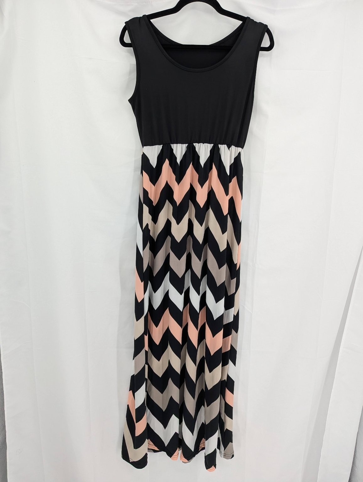 Women’s Sleeveless Maxi Dress Black Peach Chevron Size L Cotton Blend