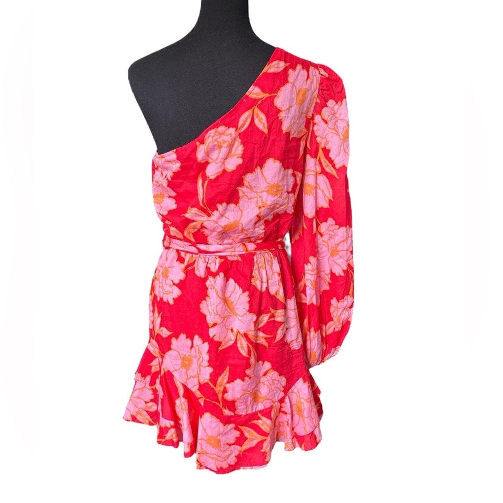 Olivaceous One Shoulder Ruffle Hem Mini Dress, Size Large, Red & Pink Floral