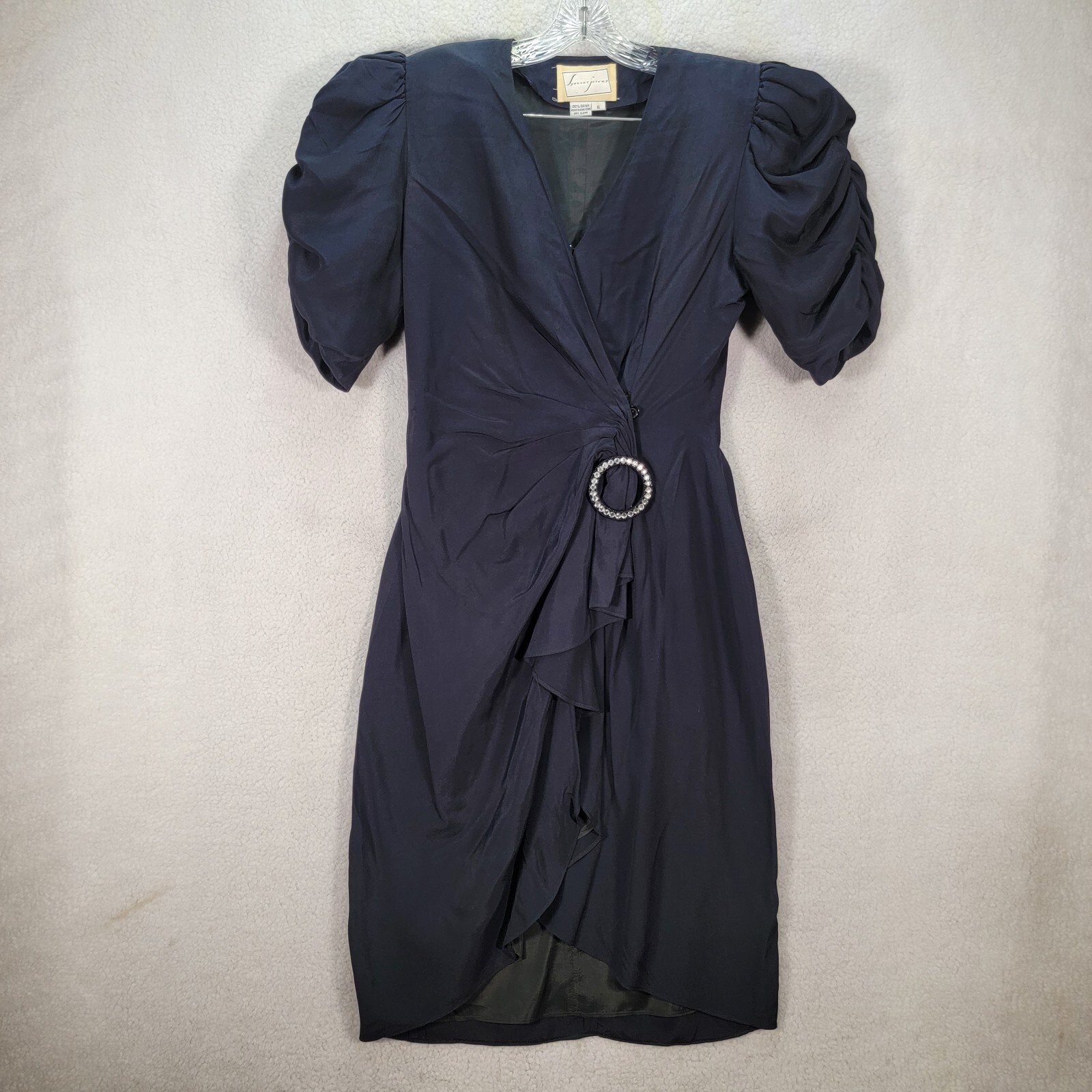 Vtg 90s Spenser Jeremy Women Dress Size 6 Black Pleated Puff Sleeve Draped Shift