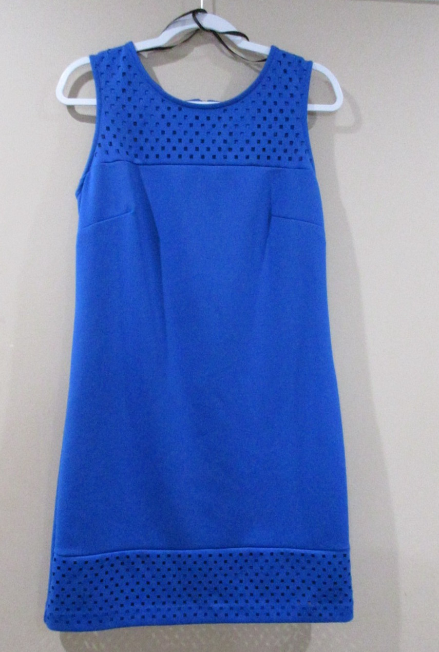 Worthington Sleeveless Dress Women Med. Blue Knee Length Geometric Cut-out Lined