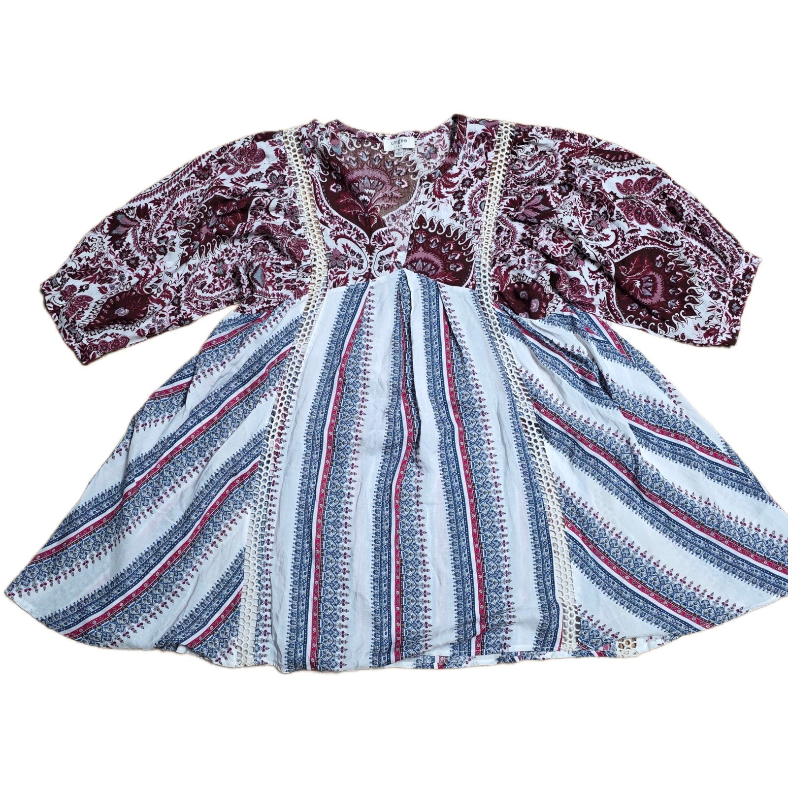 Umgee Paisley Stripe Boho Tunic Dress Women’s Size Small V Neck 3/4 Sleeve