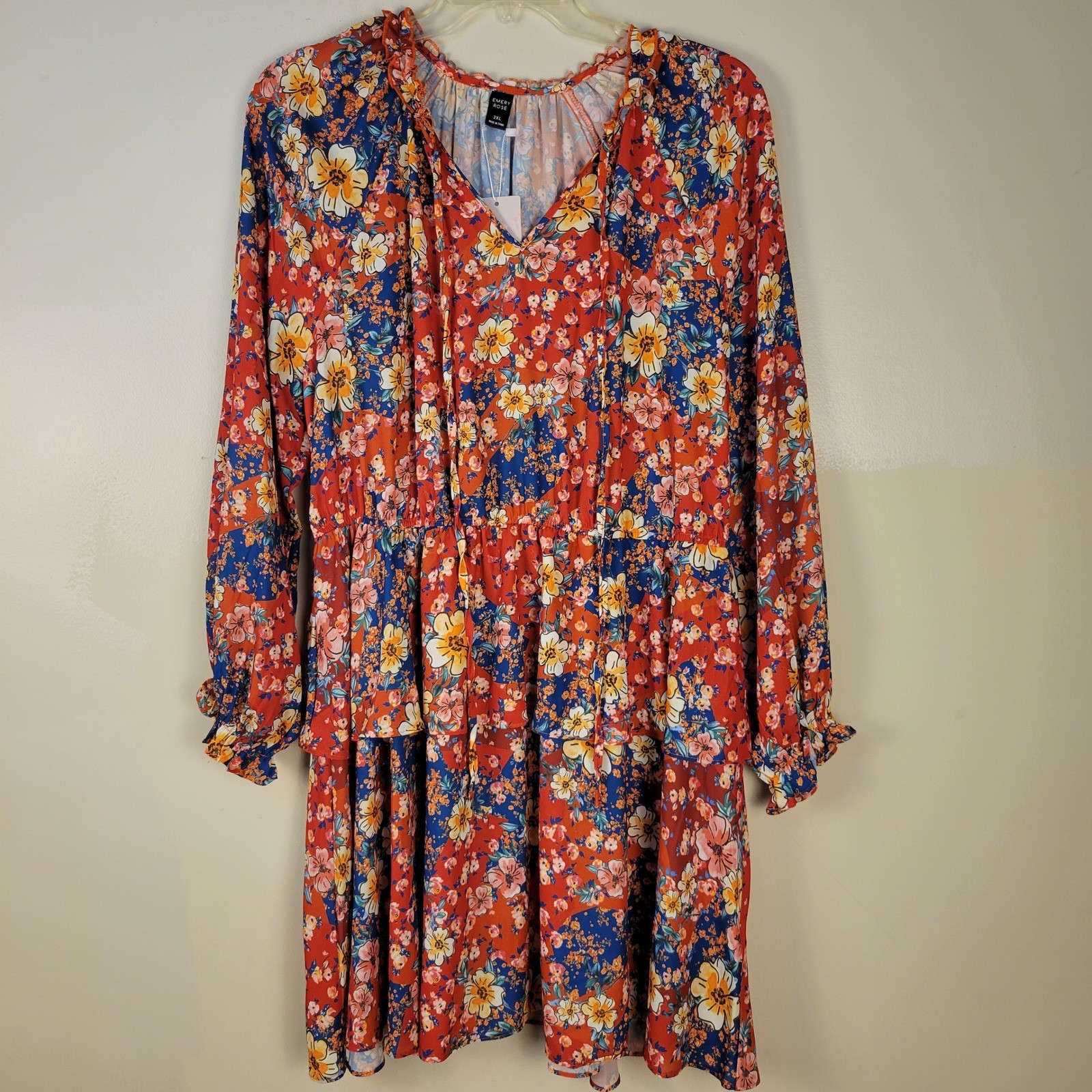 Emery Rose 2XL Red Floral Boho Tiered Long Sleeve V-Neck Tie Dress NWT
