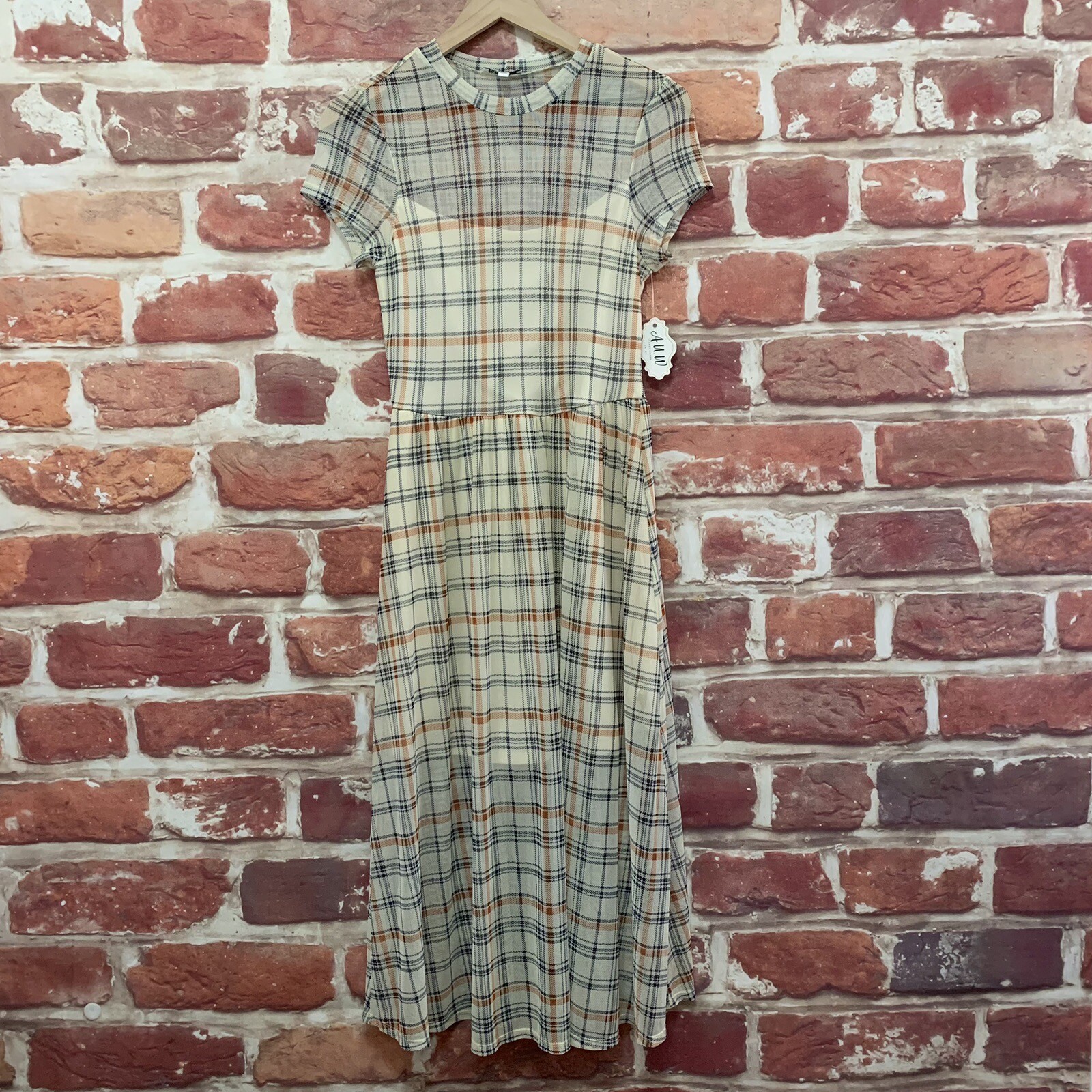 AUW Dress Womens Medium Cream Multicolor Plaid Sheer Casual Pullover