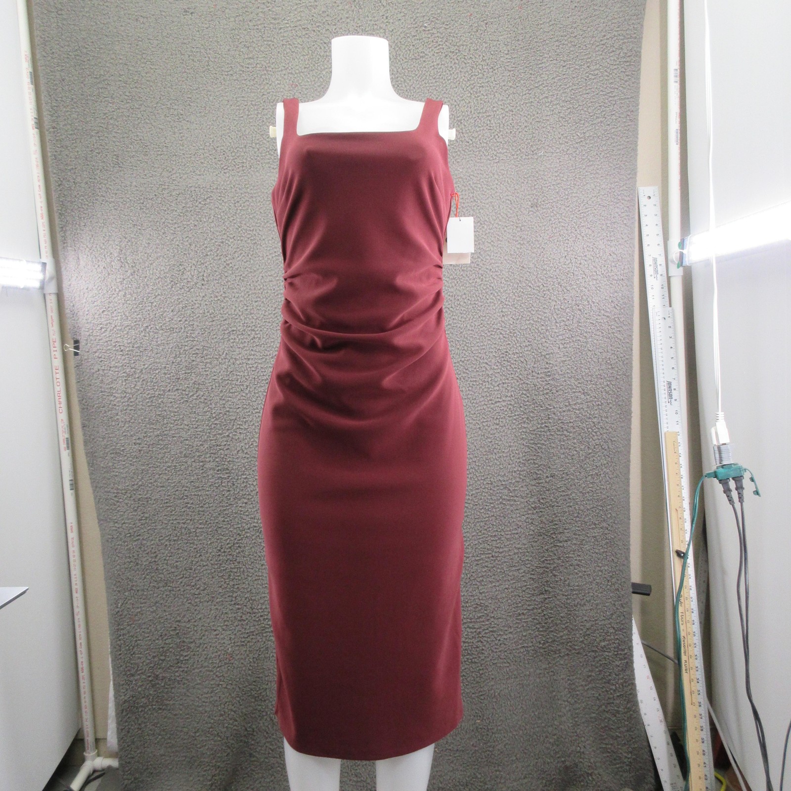 Open Edit Dress Womens Small Burgundy Midi Ruched Bodycon Sleeveless Square Neck